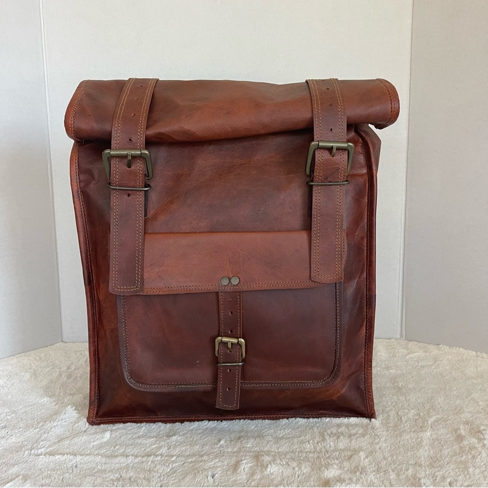 Roll Top Backpack Rucksack Rolling Bag Travel Bikers Genuine Leather Bag